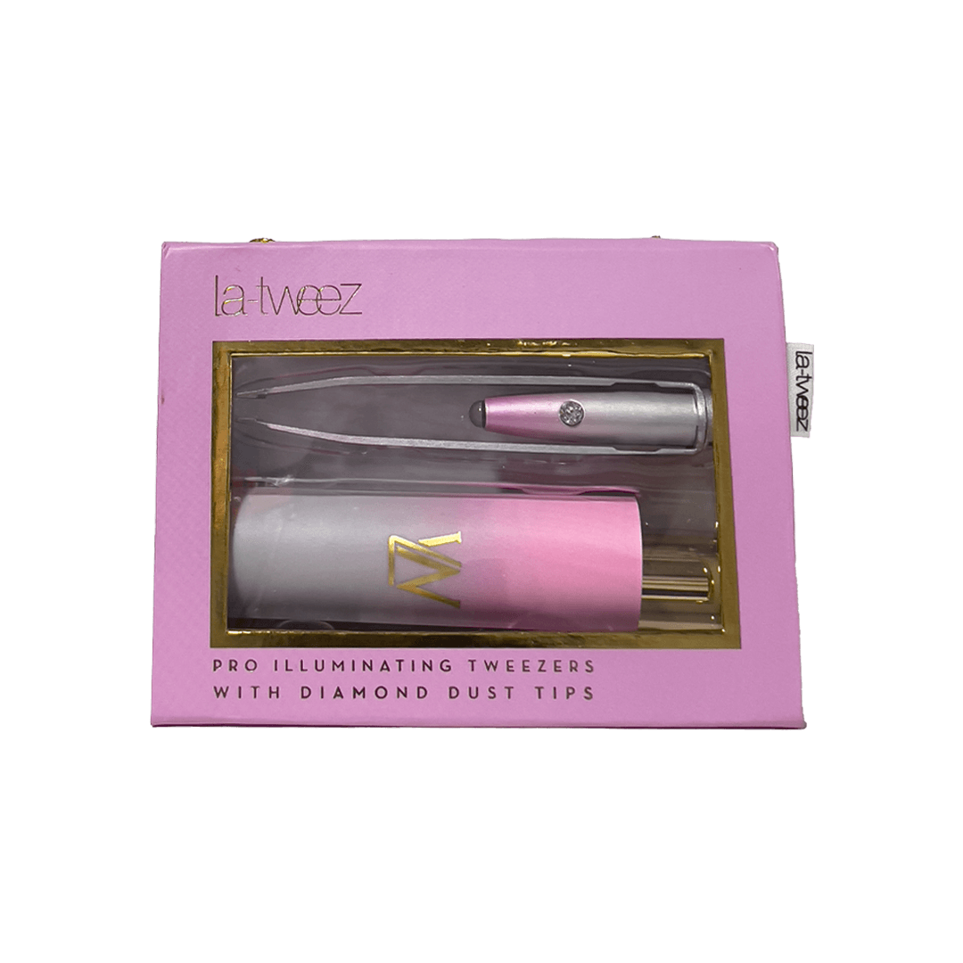 ملاقط La Tweez-Pro المضيئة باللون الوردي وحقيبة الحمل (LW) مع أطراف غبار ماسية