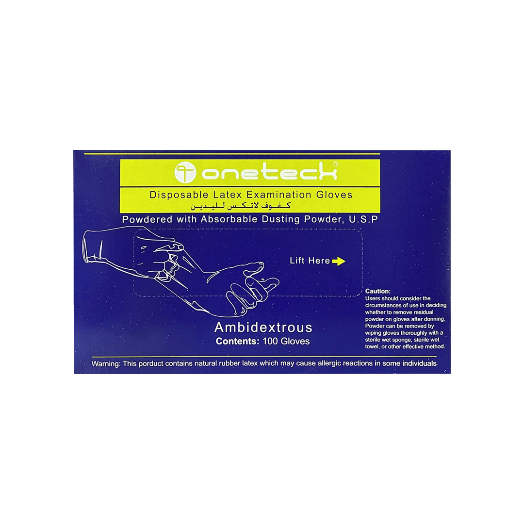 Oneteck- قفازات فحص لاتكس للاستعمال مرة واحدة (متوسطة)