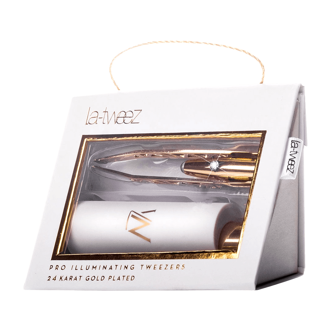 ملاقط La Tweez-Pro المضيئة وحقيبة حمل عاكسة مطلية بالذهب عيار 24