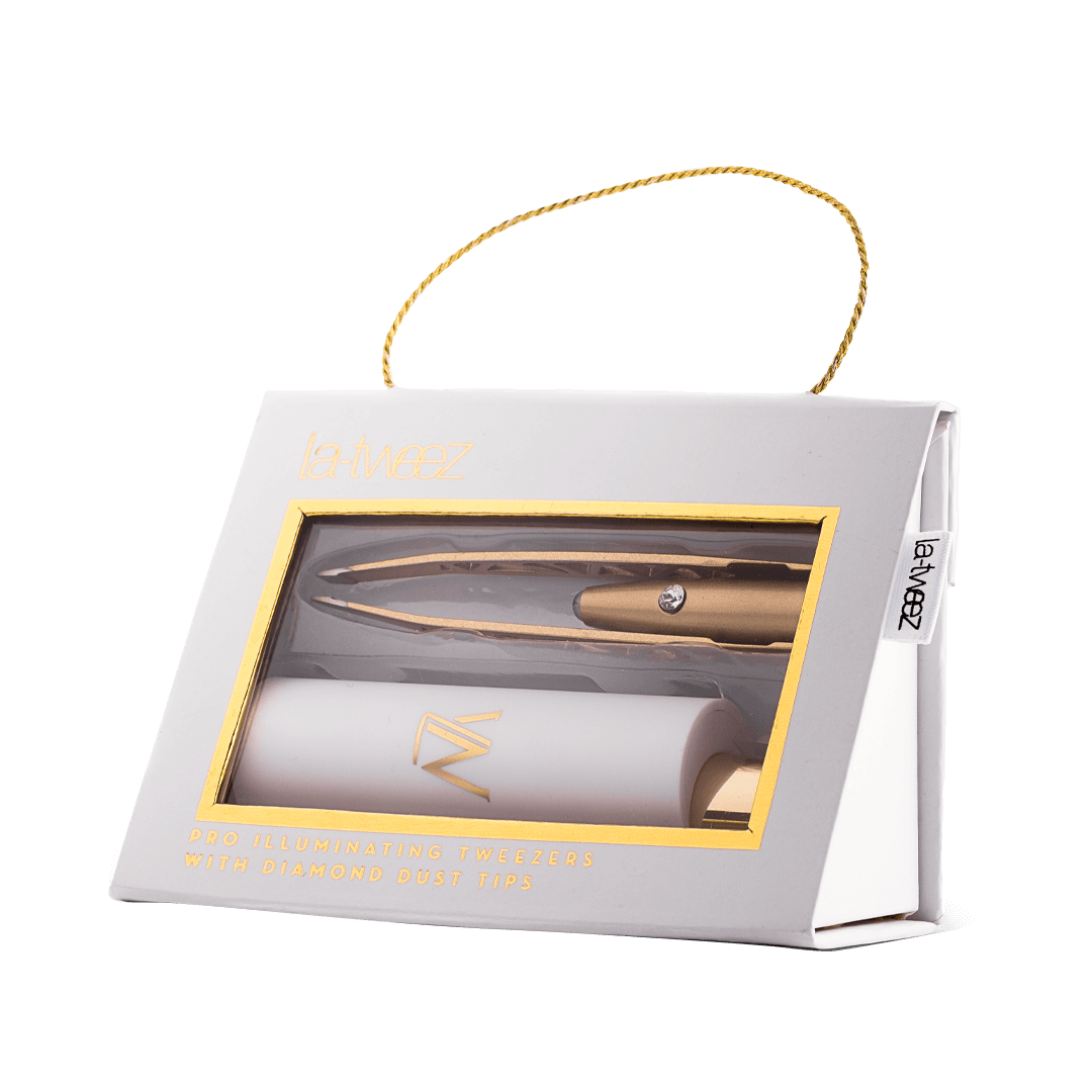 ملاقط La Tweez-Pro المضيئة مطلية بالذهب وحقيبة حمل مع أطراف غبار ماسية